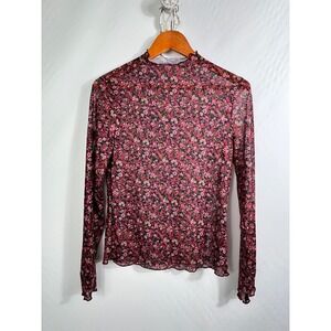 Floral Mesh Mock Neck Top Long Sleeve Lettuce Edge Burgundy Pink Sheer Slim Fit